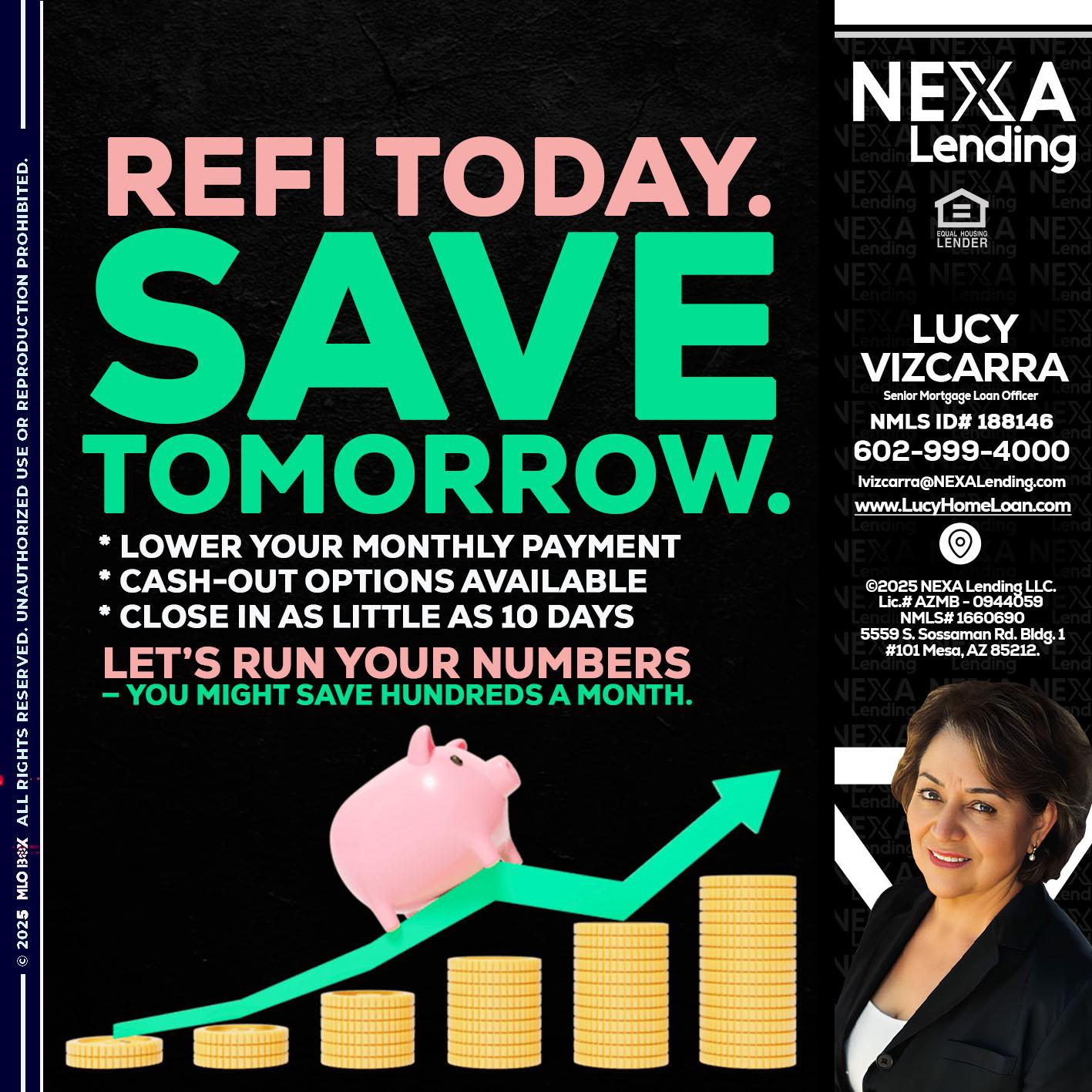 REFI TODAY SAVE TOMORROW - Lucy Vizcarra -Mortgage Loan Officer